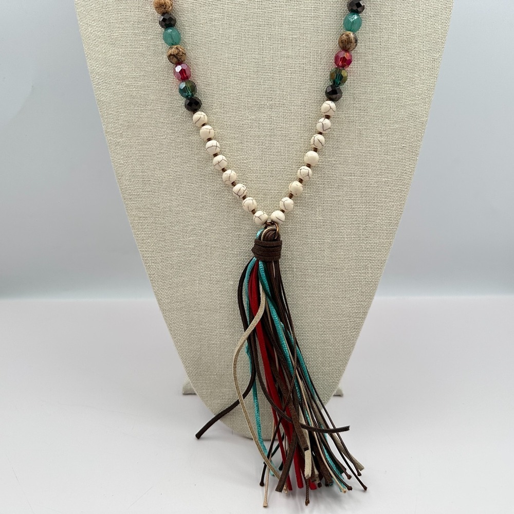 Vintage 90s Beaded Tassel Necklace Western Boho Women's Jewelry